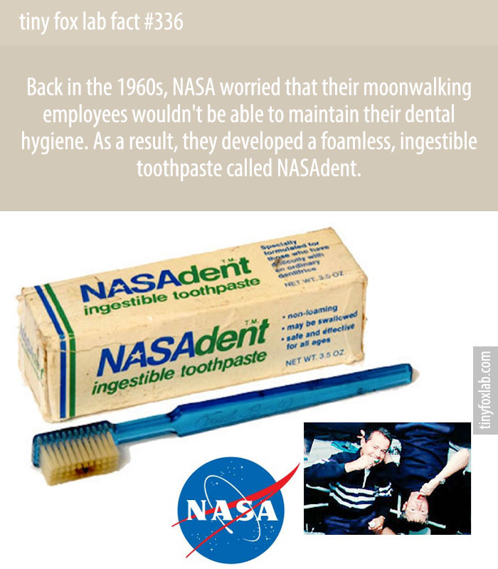 Ingestible toothpaste was one solution to the problem of spitting and was developed by Dr. Ira Shannon of the Houston VA Medical Center. The product called NASAdent was a foamless toothpaste that could be swallowed.